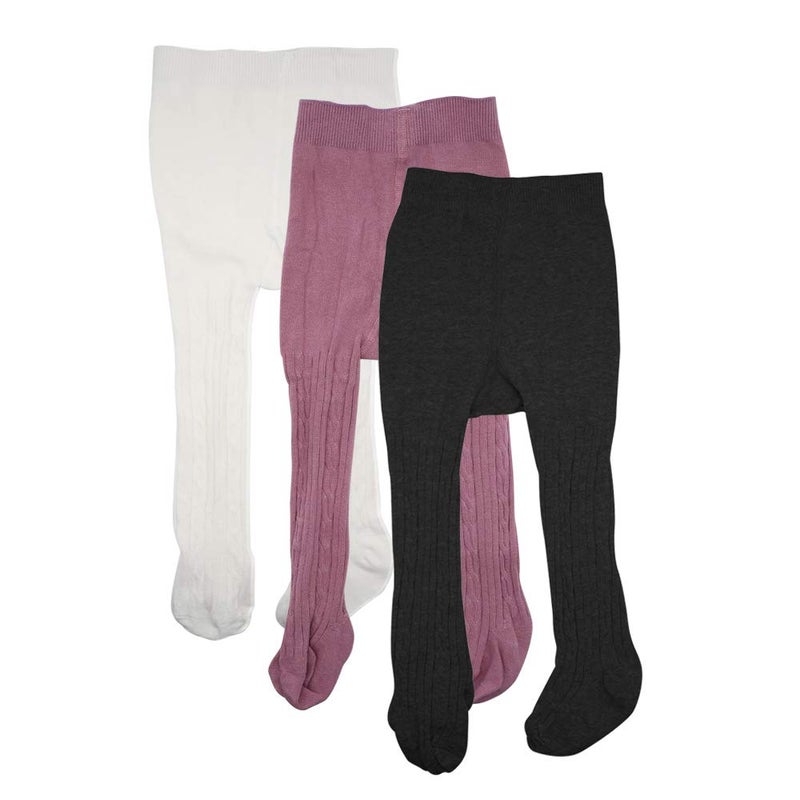 techcity Baby Girls Tights Toddler Seamless Leggings Cable Knit Cotton Pants Stockings (Pack of 3) (3 Pack Black White Purple, 2-4 Years) - Image 1